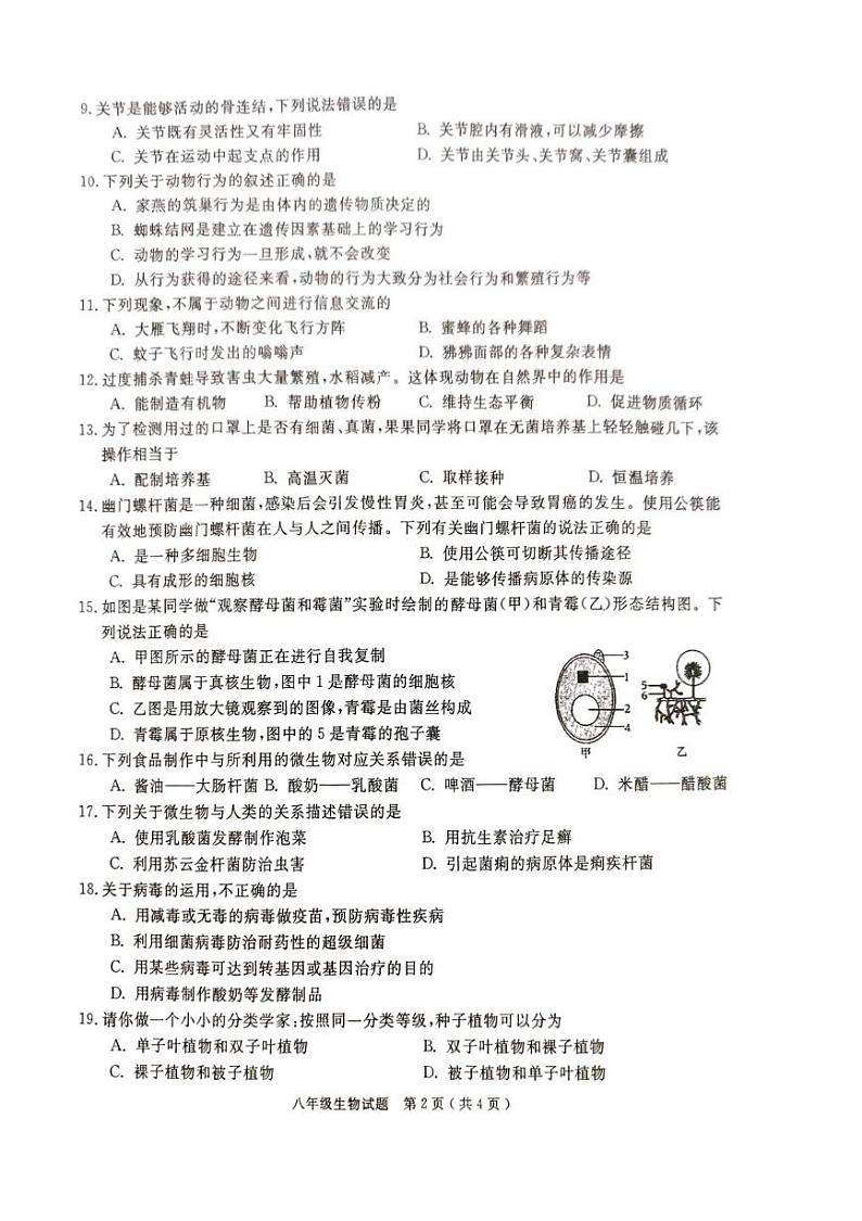 安徽省巢湖市2023-2024八年级生物上册期末试卷 八年级生物试题(1)第2页