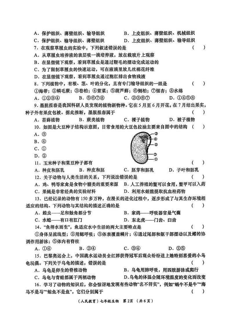 陕西省咸阳市永寿县蒿店中学2024-2025年学年七年级上学期期末阶段性效果评估生物试题第2页