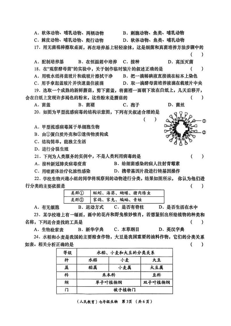 陕西省咸阳市永寿县蒿店中学2024-2025年学年七年级上学期期末阶段性效果评估生物试题第3页