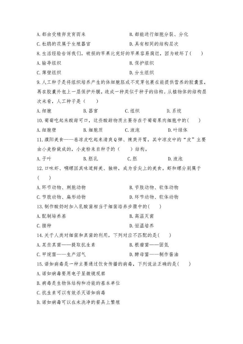 河南省濮阳市濮阳县梁庄乡一中2024—2025学年七年级上学期期末考试生物试卷第2页