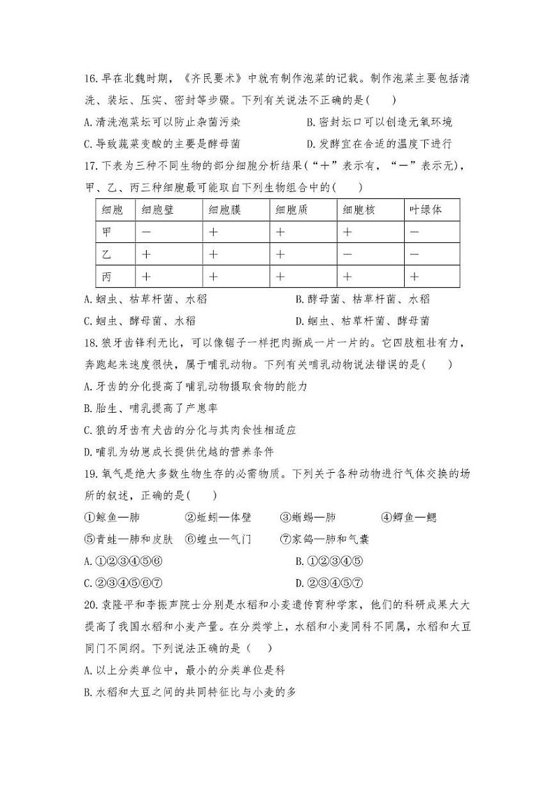 河南省濮阳市濮阳县梁庄乡一中2024—2025学年七年级上学期期末考试生物试卷第3页