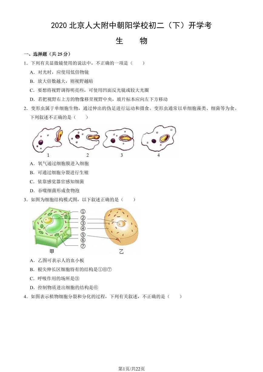 2020北京人大附中朝阳学校初二（下）开学考生物试卷（教师版）