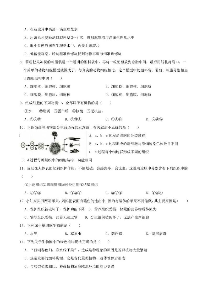2024~2025学年吉林省松原市吉林油田第十二中学七年级上期末月考生物试卷(含答案)第2页