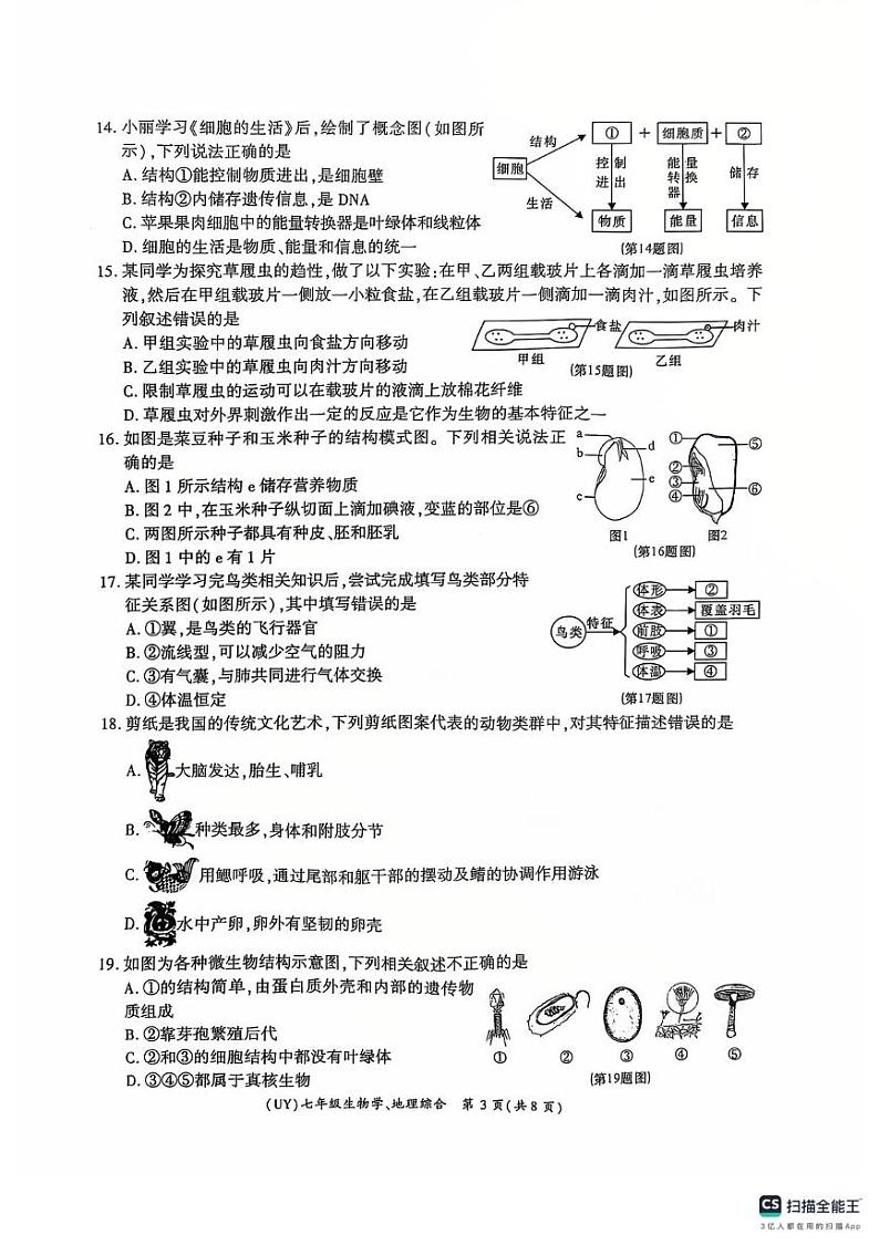 甘肃省陇南市武都区2024-2025学年七年级上学期期末生物试题第3页
