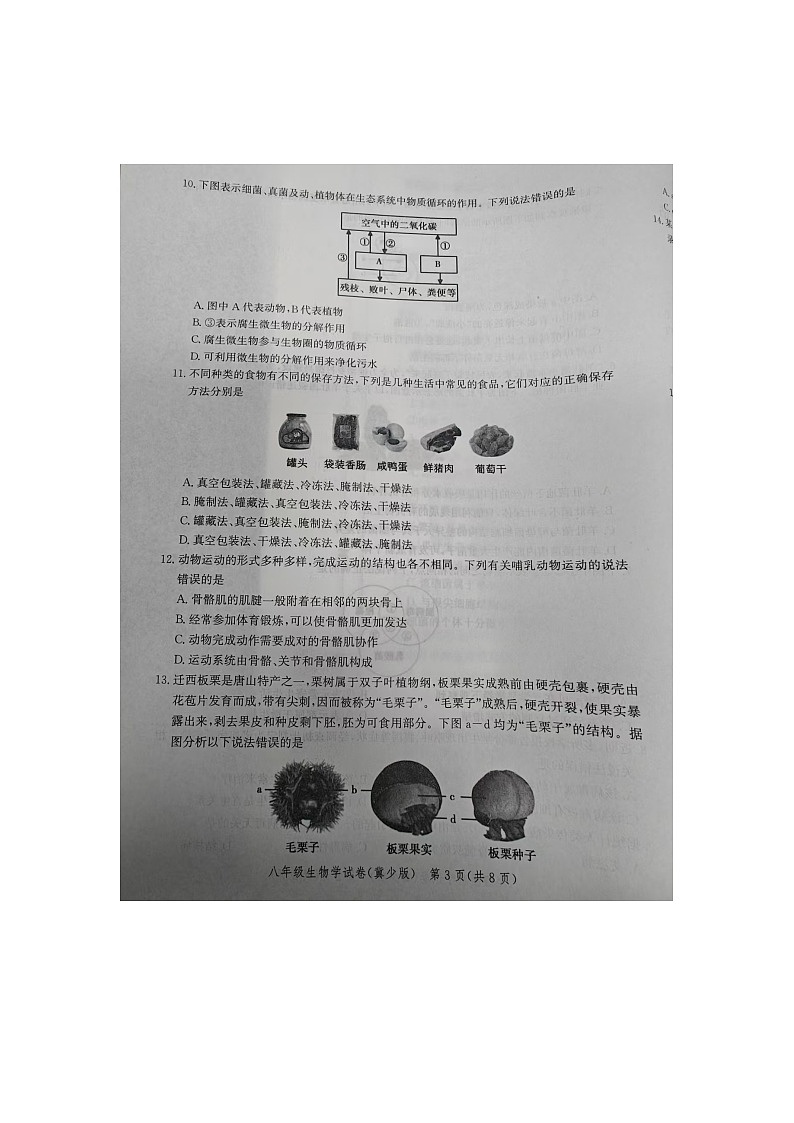 河北省唐山市2024-2025学年八年级上学期期末生物试题第3页