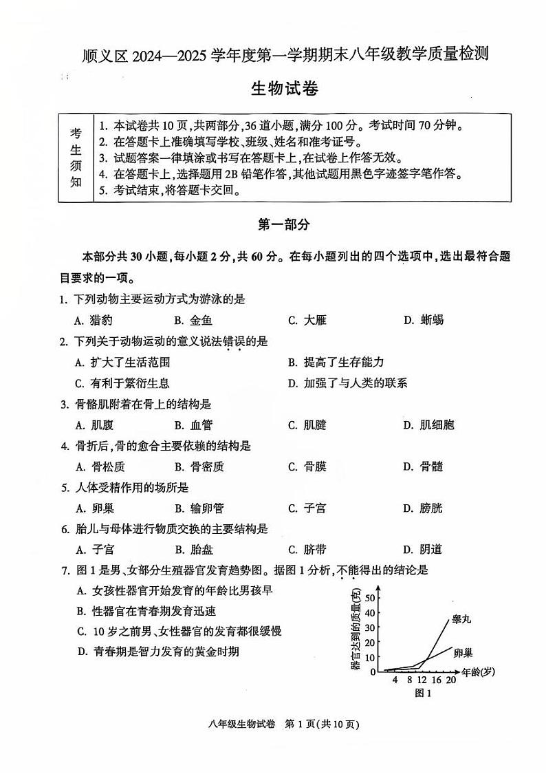 北京市顺义区2024--2025学年八年级上学期期末生物试题第1页