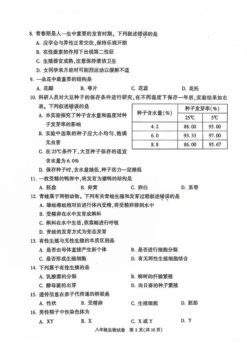 北京市顺义区2024--2025学年八年级上学期期末生物试题第2页