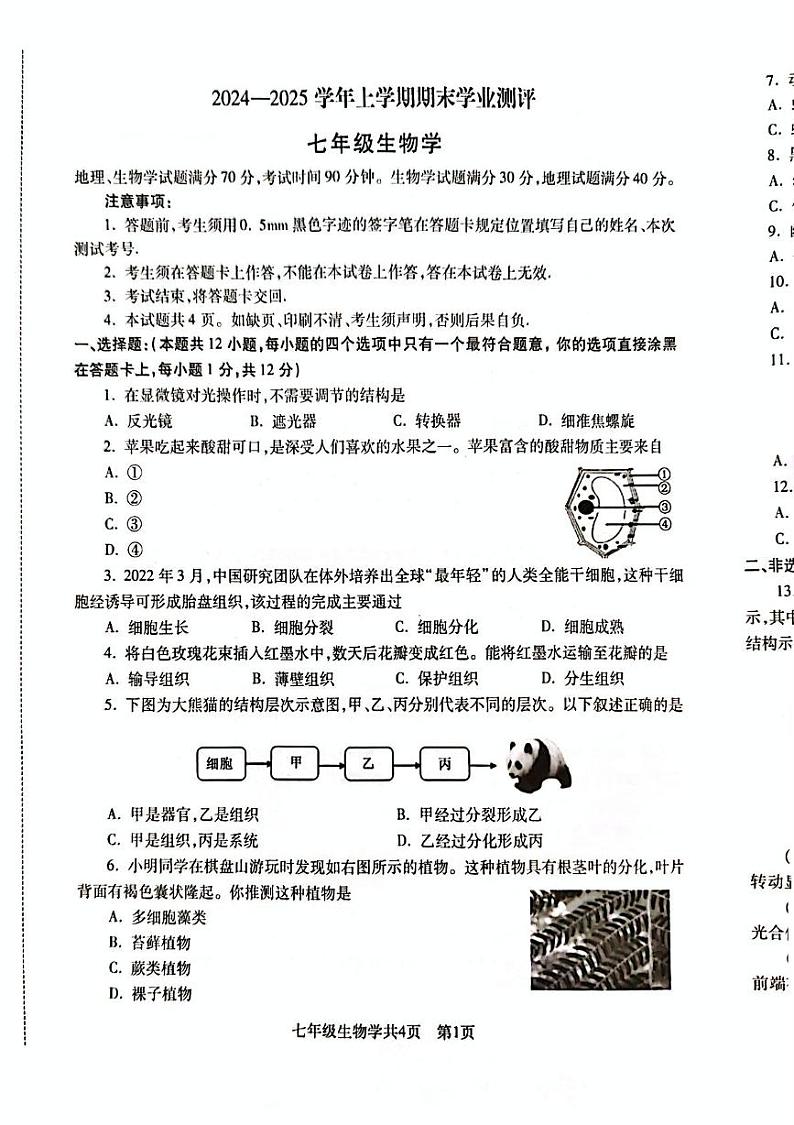 辽宁省沈阳市浑南区2024-2025学年七年级上学期期末生物试题第1页