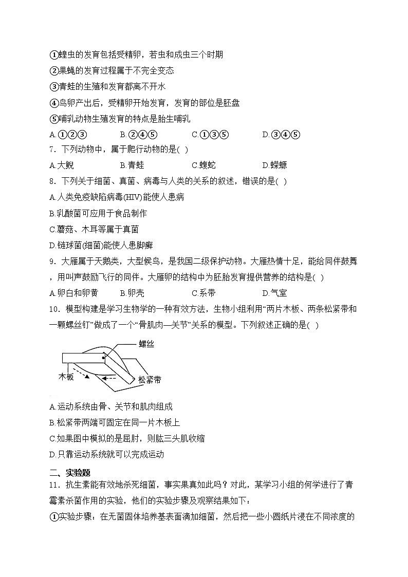 湖北省黄冈市2024-2025学年八年级上学期12月第二次测评生物试卷(含答案)第2页