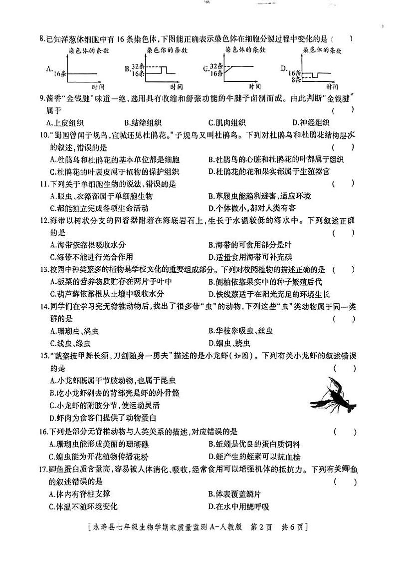 陕西省咸阳市永寿县2024-2025学年七年级上学期期末检测生物学试题第2页