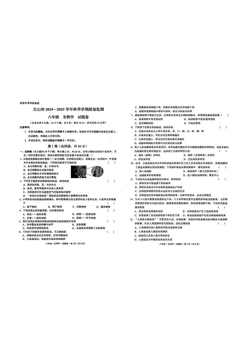 云南省文山市2024-2025学年八年级上学期期末生物试题第1页