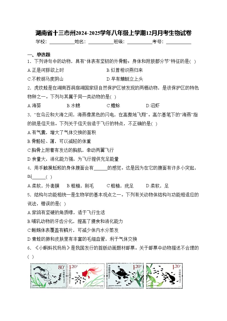 湖南省十三市州2024-2025学年八年级上学期12月月考生物试卷(含答案)