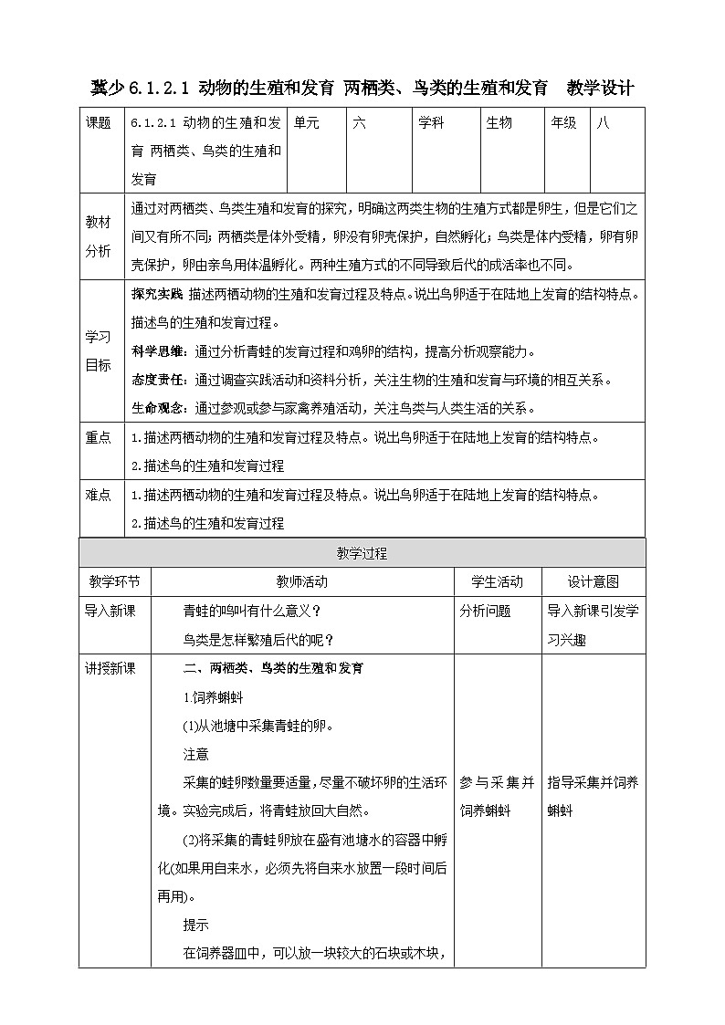冀少版生物八下6.1.2.2 动物的生殖和发育《两栖类、鸟类的生殖和发育》教案第1页