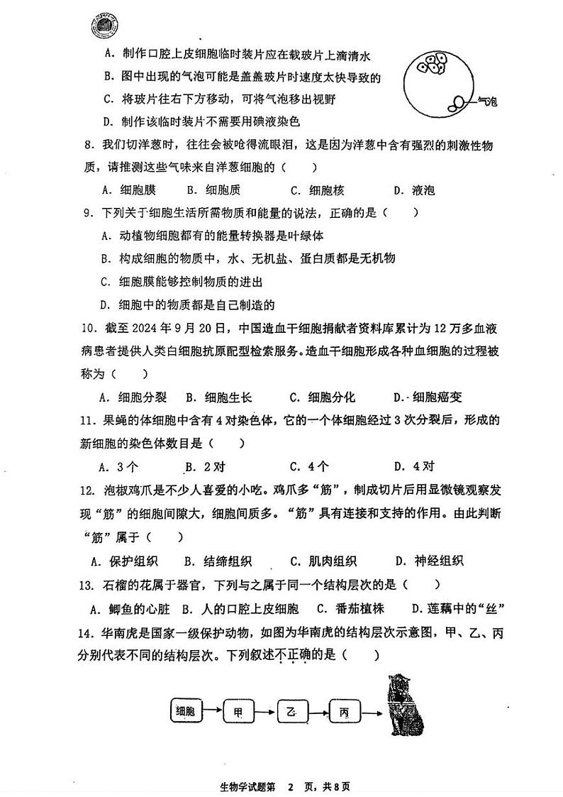 广东省惠州市第一中学教育集团2024-2025学年七年级上学期期末考试生物试题第2页