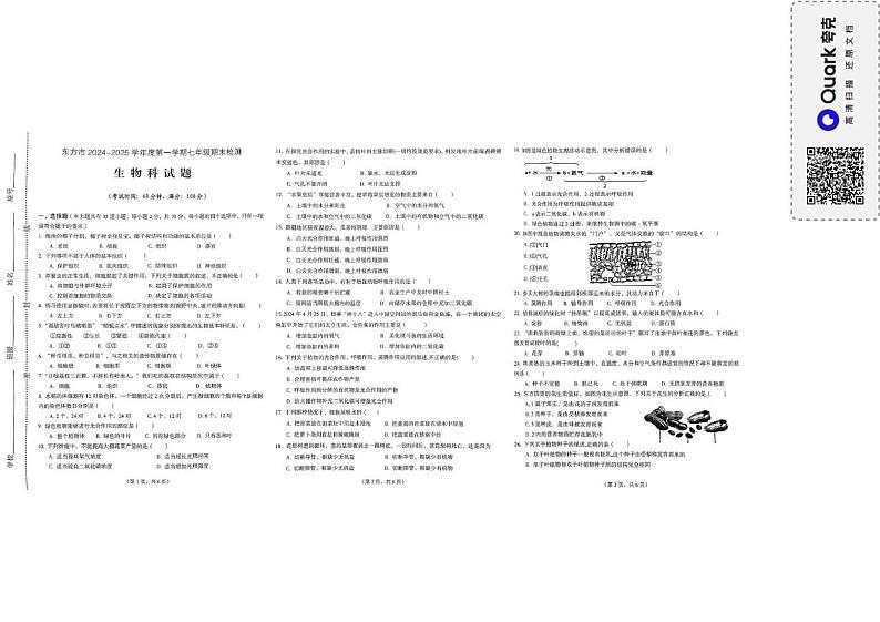 海南省东方市2024-2025学年七年级上学期期末考试生物试题第1页