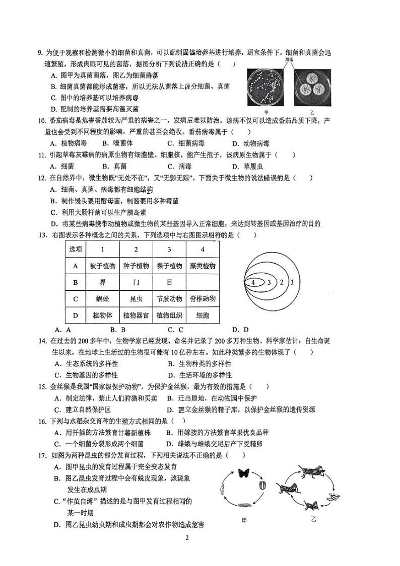 湖南省长沙市明德集团2024-2025学年八年级上学期期末考试生物试卷第2页