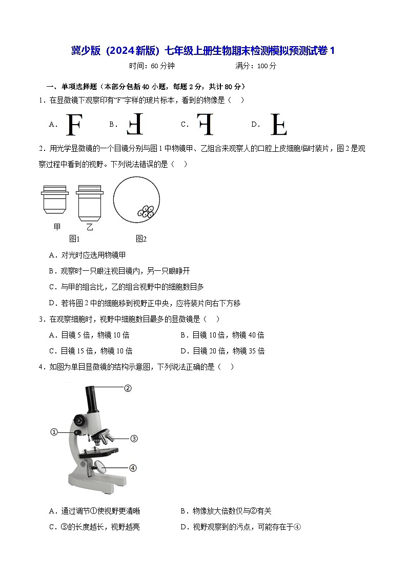 冀少版(2024新版)七年级上册生物期末检测模拟预测试卷1(含答案)第1页