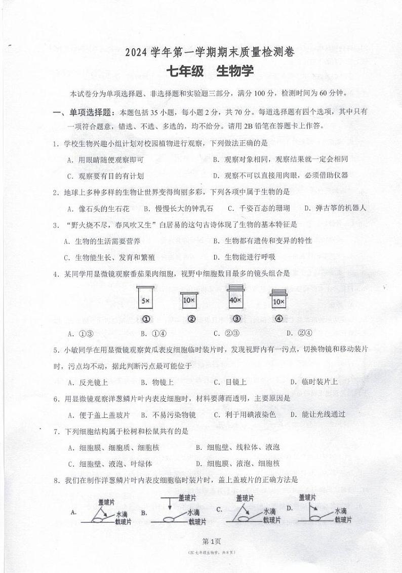 广东省广州市增城区2024-2025学年七年级上学期期末生物试卷第1页