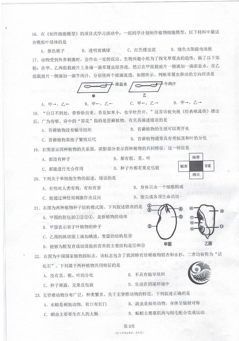 广东省广州市增城区2024-2025学年七年级上学期期末生物试卷第3页