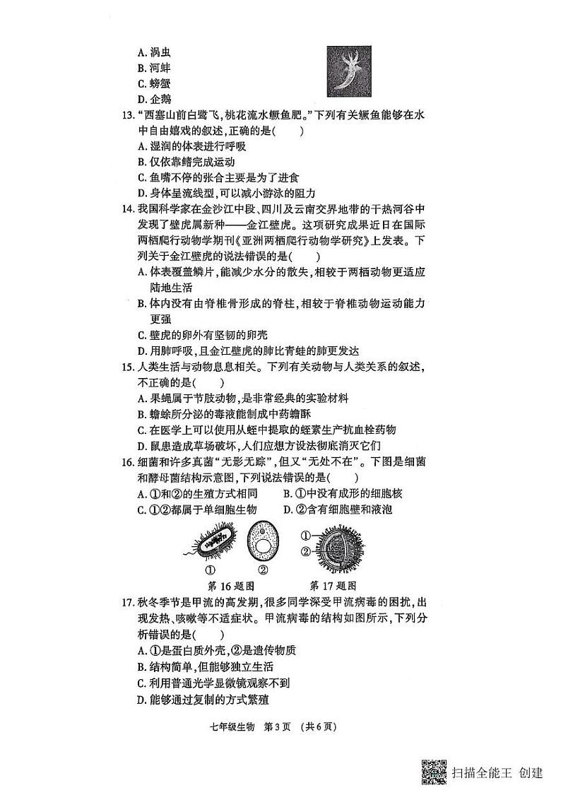 河南省漯河市召陵区2024-2025学年七年级上学期1月期末生物试题第3页