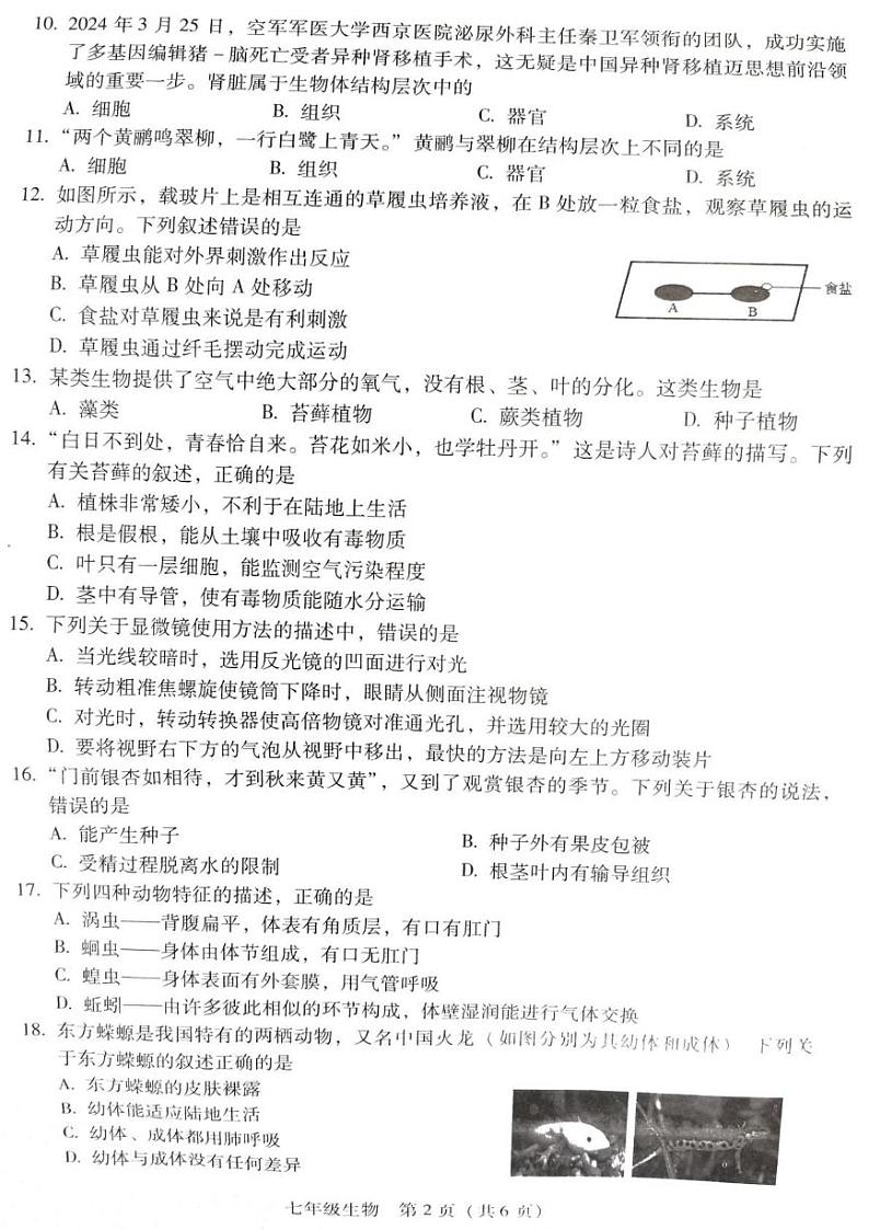湖南省衡南县冠市联合学校2024-2025学年七年级上学期期末教学质量检测生物试卷第2页