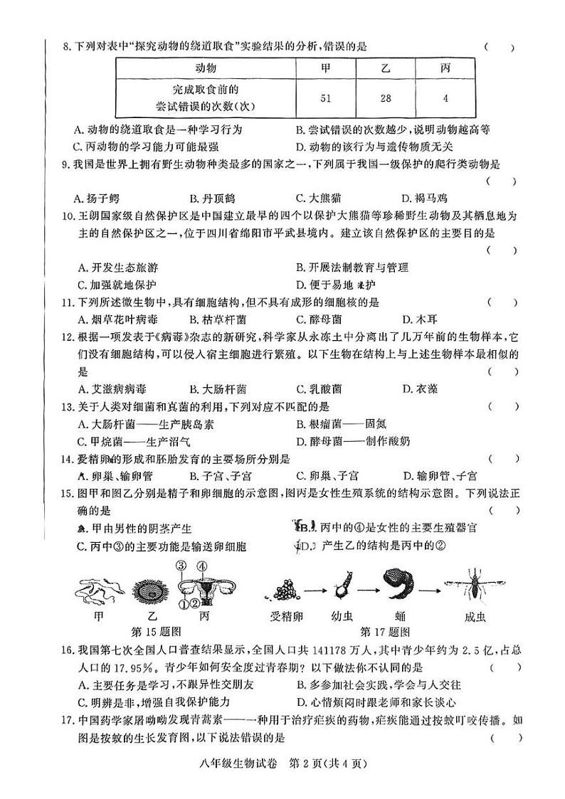 安徽省淮南市部分学校2024-2025学年八年级上学期期末考试生物试题第2页