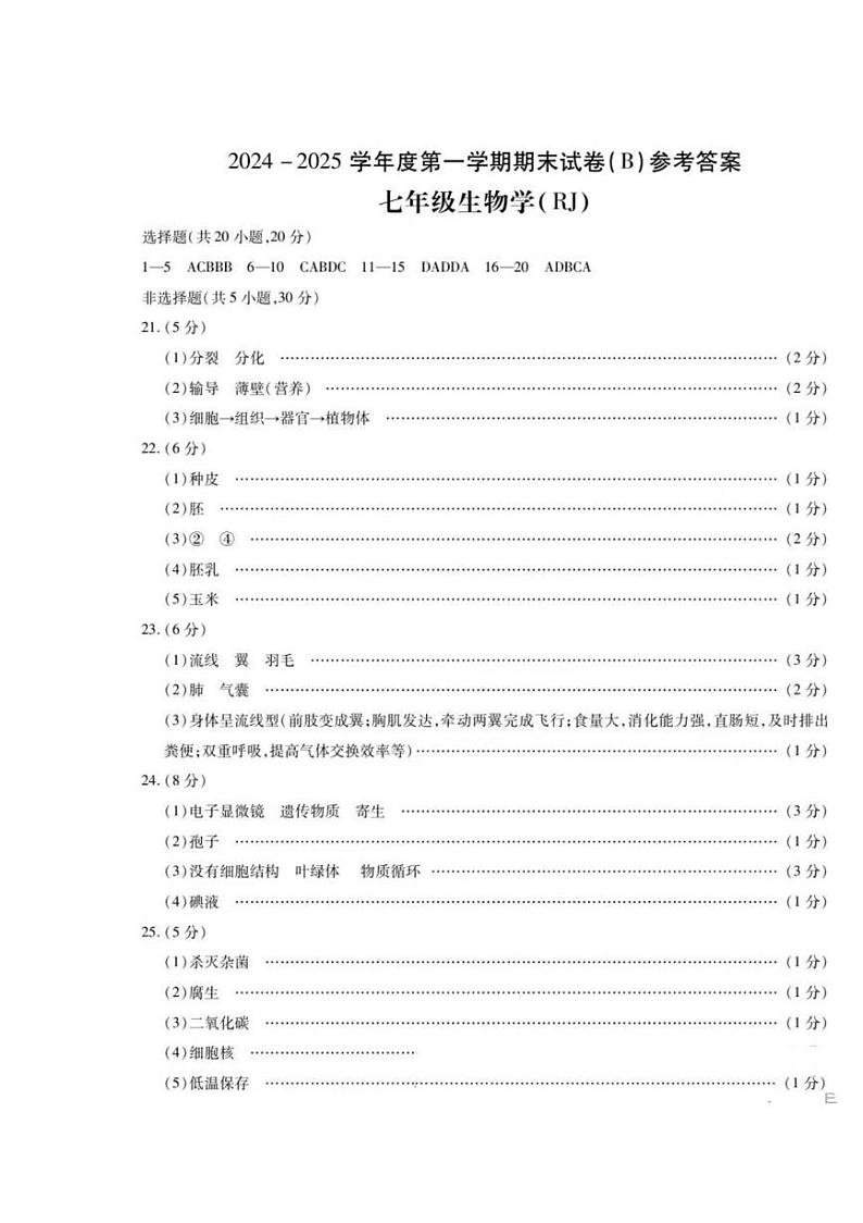 河南省商丘市名校协作2024—2025学年七年级生物学上学期期末素质评估卷答案第1页