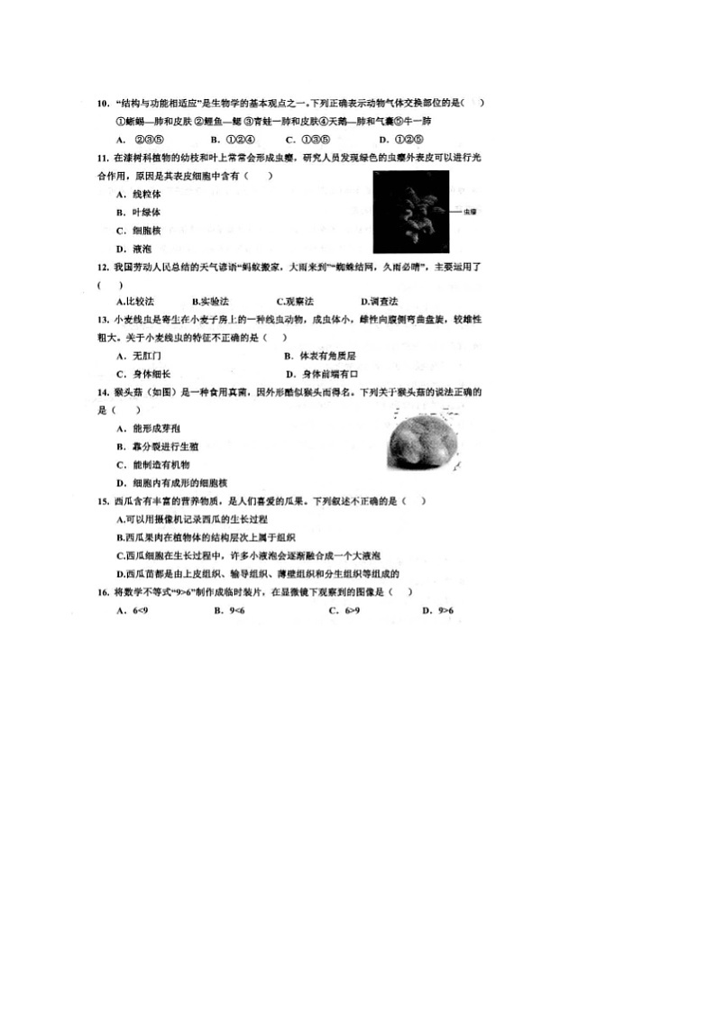 山东省乐陵市2024-2025学年度第一学期期末考试七年级生物试题第2页