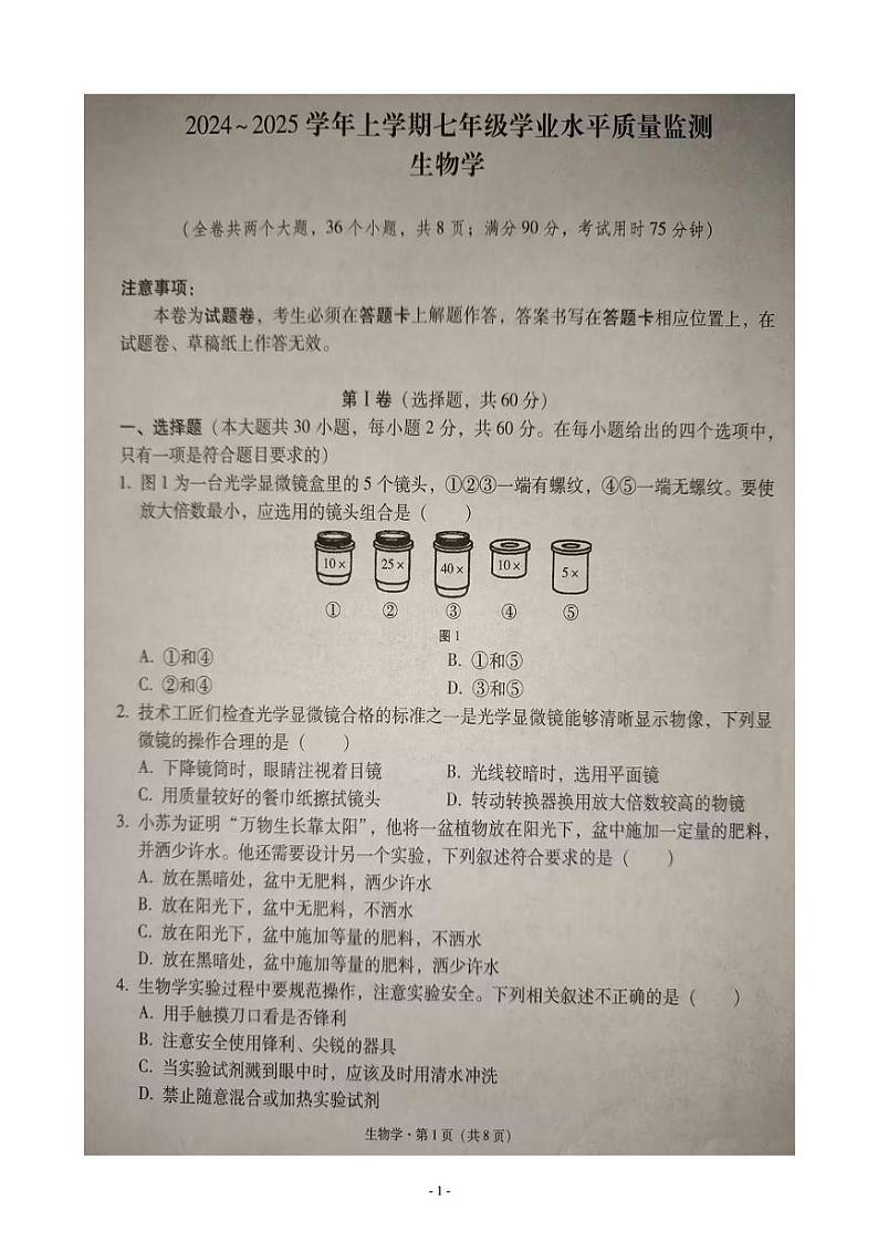云南省文山壮族苗族自治州文山市2024-2025学年七年级上学期期末生物试题第1页