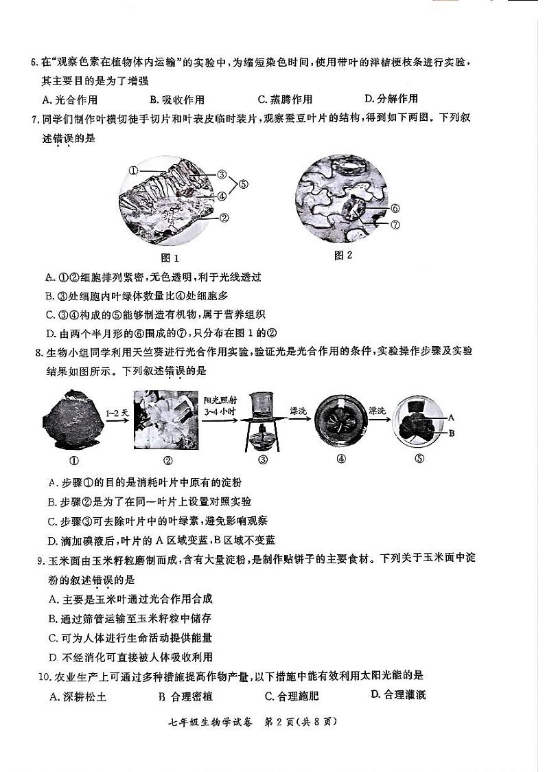 2025北京通州初一(上)期末生物试卷第2页