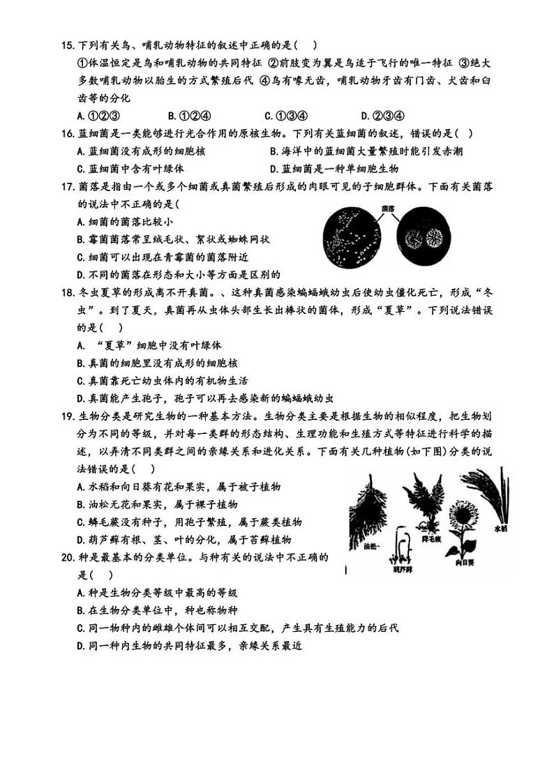 2024~2025学年黑龙江省哈尔滨市南岗区七年级上期末考试生物试卷(含答案)第3页
