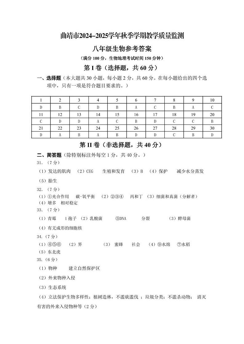【8年级08生物】曲靖市2024-2025学年秋季学期期末考试八年级生物答案(pdf原卷版)第1页