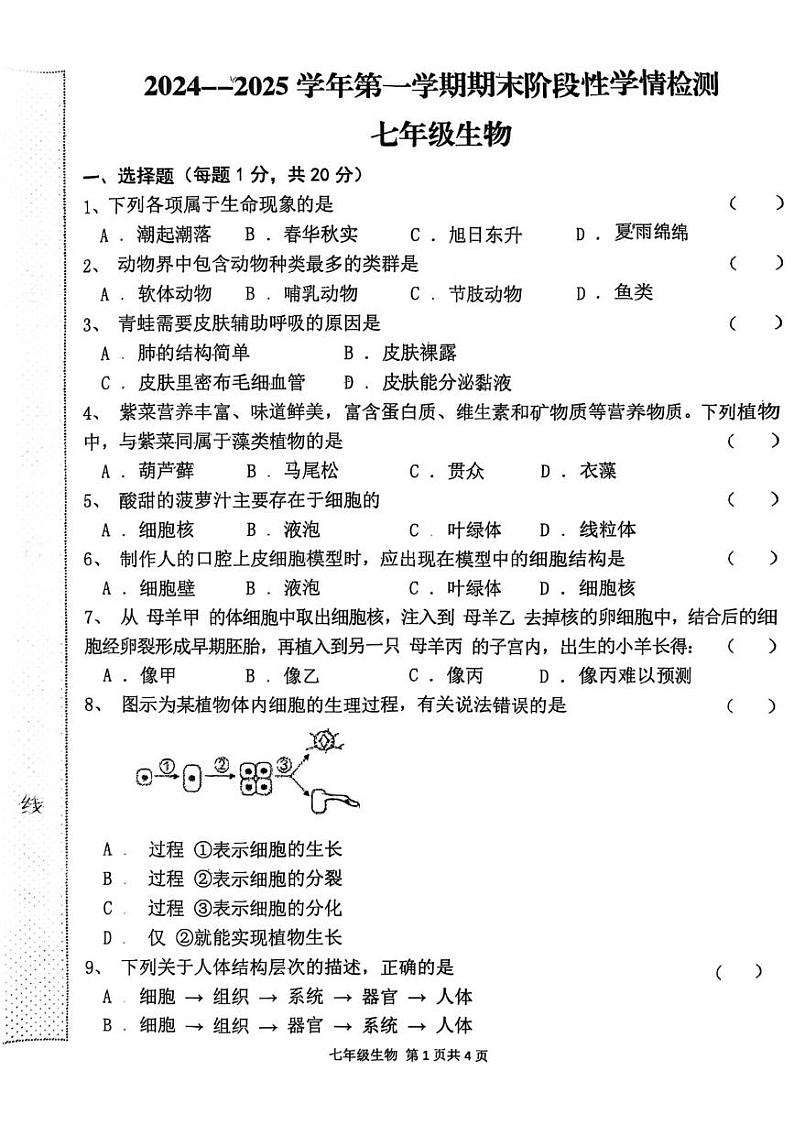 河南省周口市郸城县2024-2025学年七年级上学期1月期末生物试题第1页