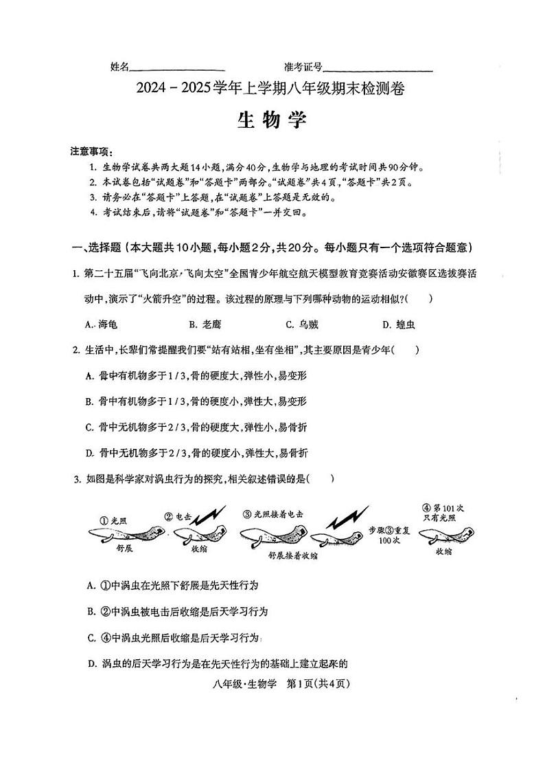 安徽省宿州市灵璧县六中2024-2025学年八年级上学期期末生物试题第1页