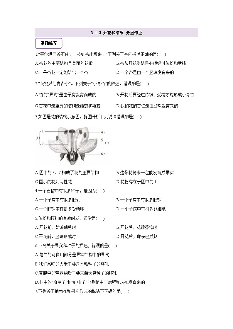 生物七下 3.1.3開花和結(jié)果 分層作業(yè)（含答案）第1頁