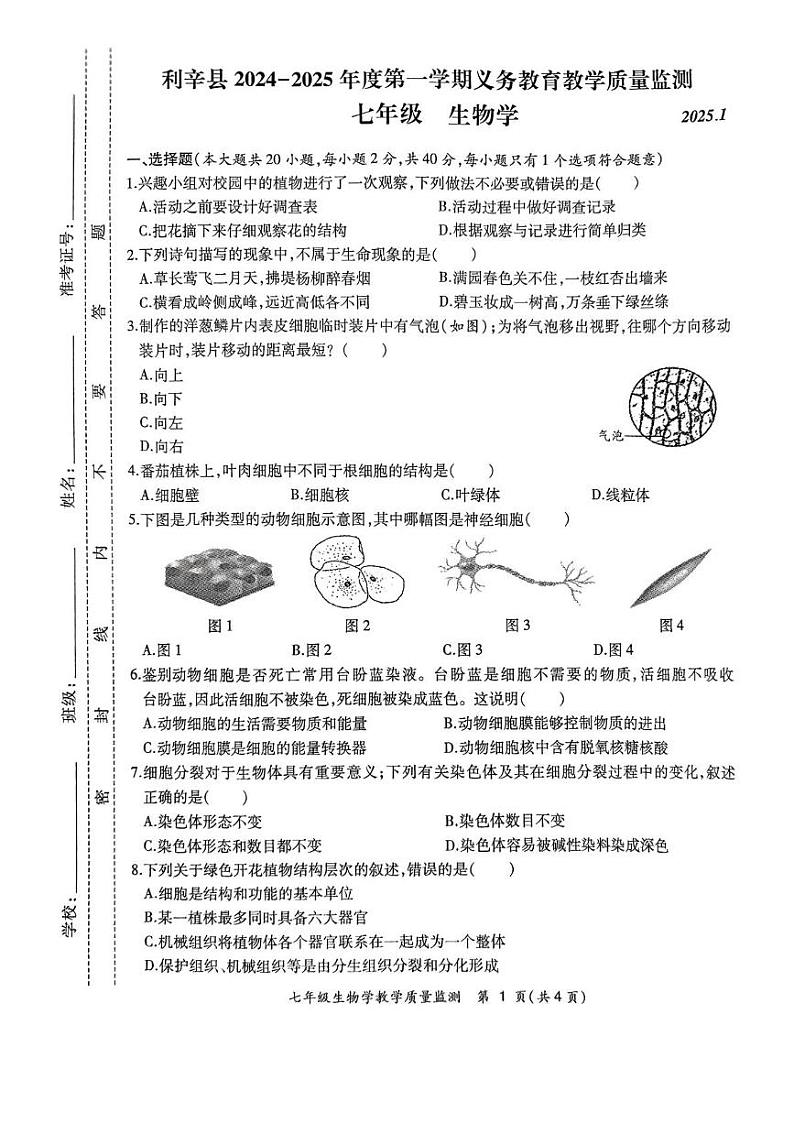 安徽省亳州市利辛县2024-2025学年七年级上学期1月期末生物试题第1页