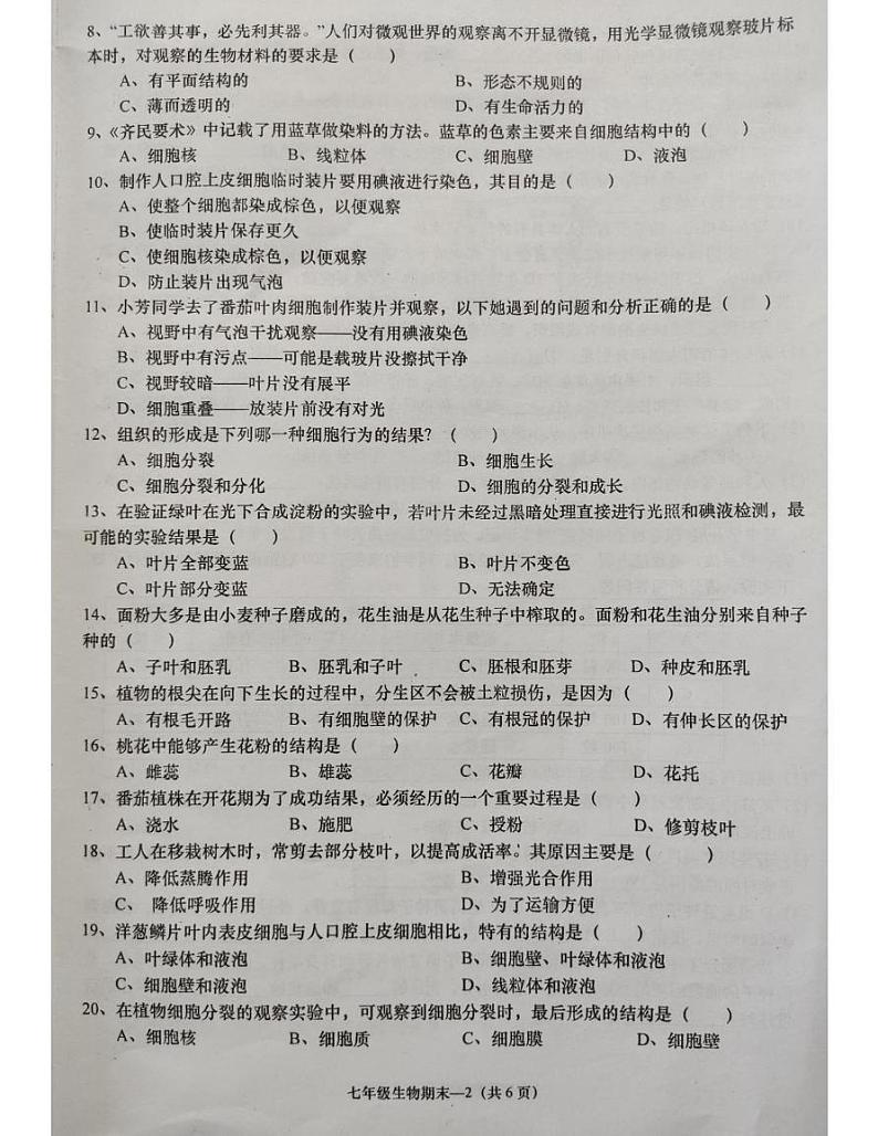 惠来县2024-2025学年七年级生物第一学期期末考试含答案 惠来县2024-2025学年七年级生物第一学期期末考试第2页