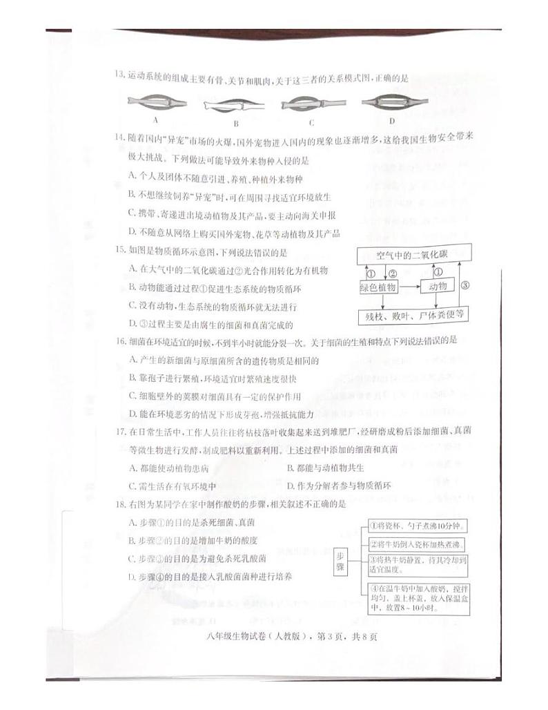 河北省石家庄市行唐县2024-2025学年八年级上学期期末学业质量检测 生物试题第3页