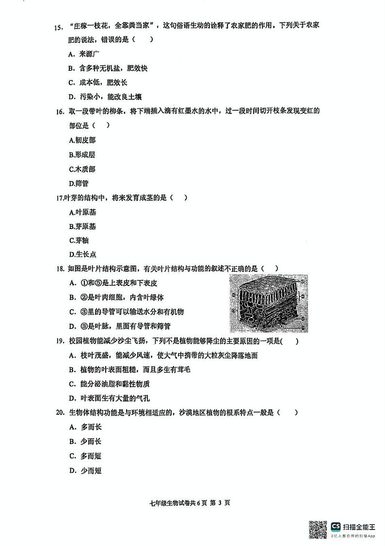 河南省林州市2024-2025学年七年级上学期期末调研生物试题第3页