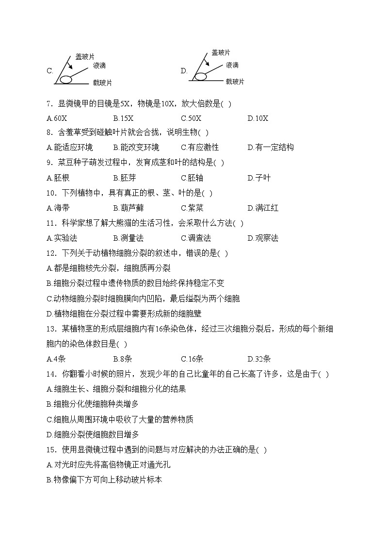 四川省泸州高级中学校2024-2025学年七年级上学期11月期中考试生物试卷(含答案)第2页