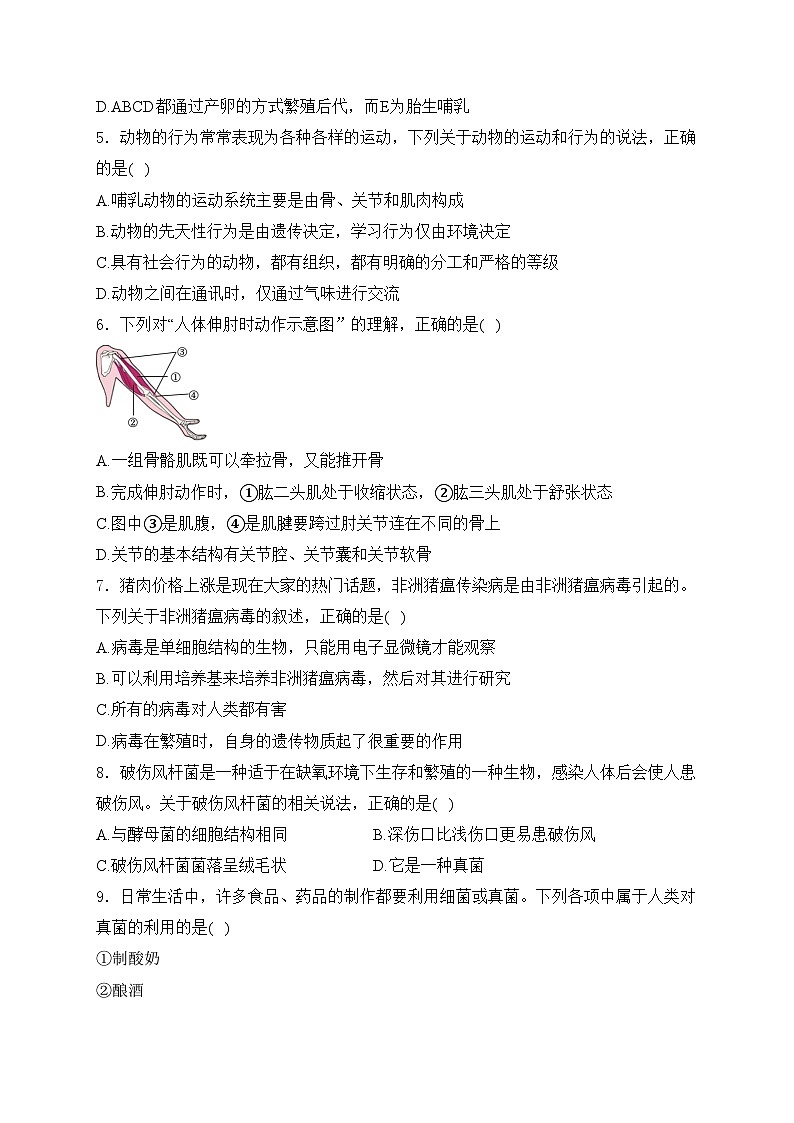四川省眉山市洪雅县校际联合2024-2025学年八年级上学期12月期末考试生物试卷(含答案)第2页