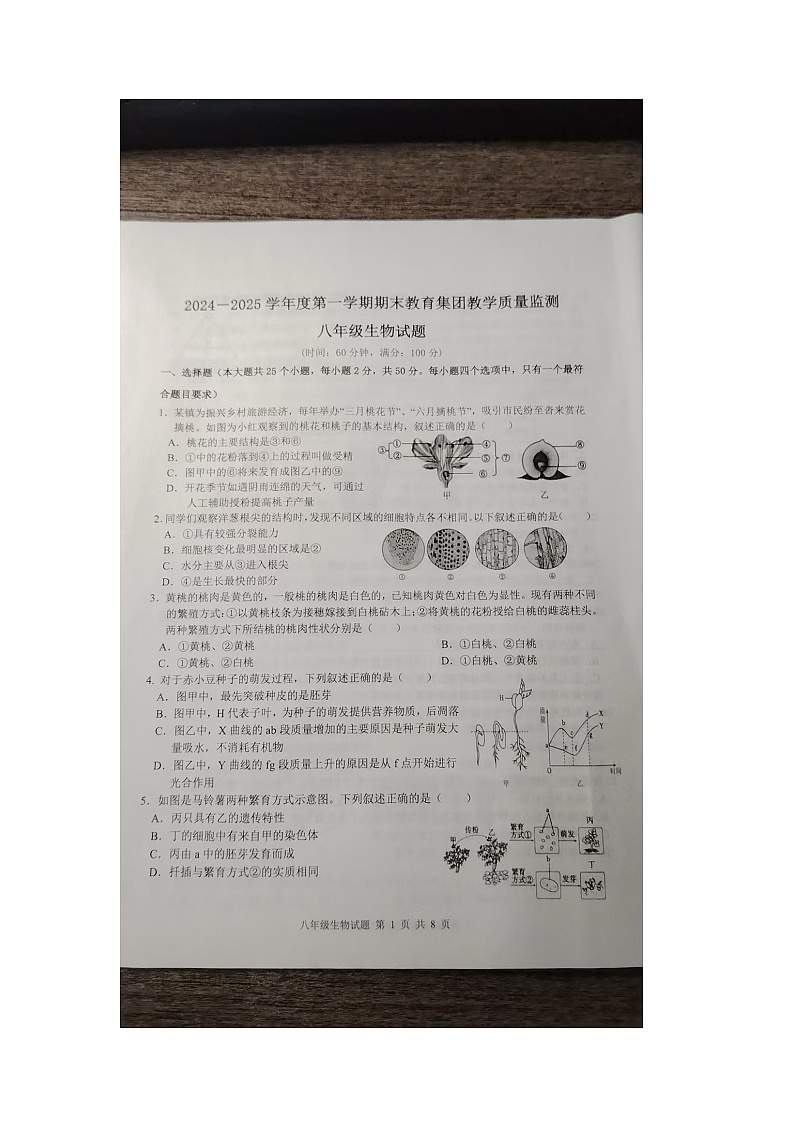 山东省德州市平原县王凤楼镇中学,平原县坊子乡中学2024-2025学年八年级上学期1月期末生物试题第1页