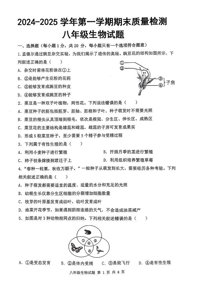 山东省菏泽市单县2024-2025学年八年级上学期期末考试生物试题第1页