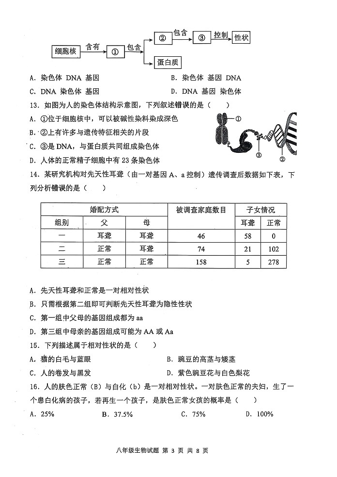山东省菏泽市单县2024-2025学年八年级上学期期末考试生物试题第3页