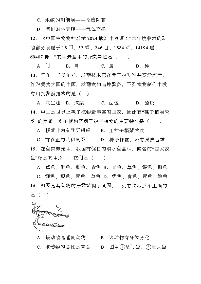 吉林省四平市双辽市2024-2025学年七年级上学期期末 生物试题(含解析)第3页