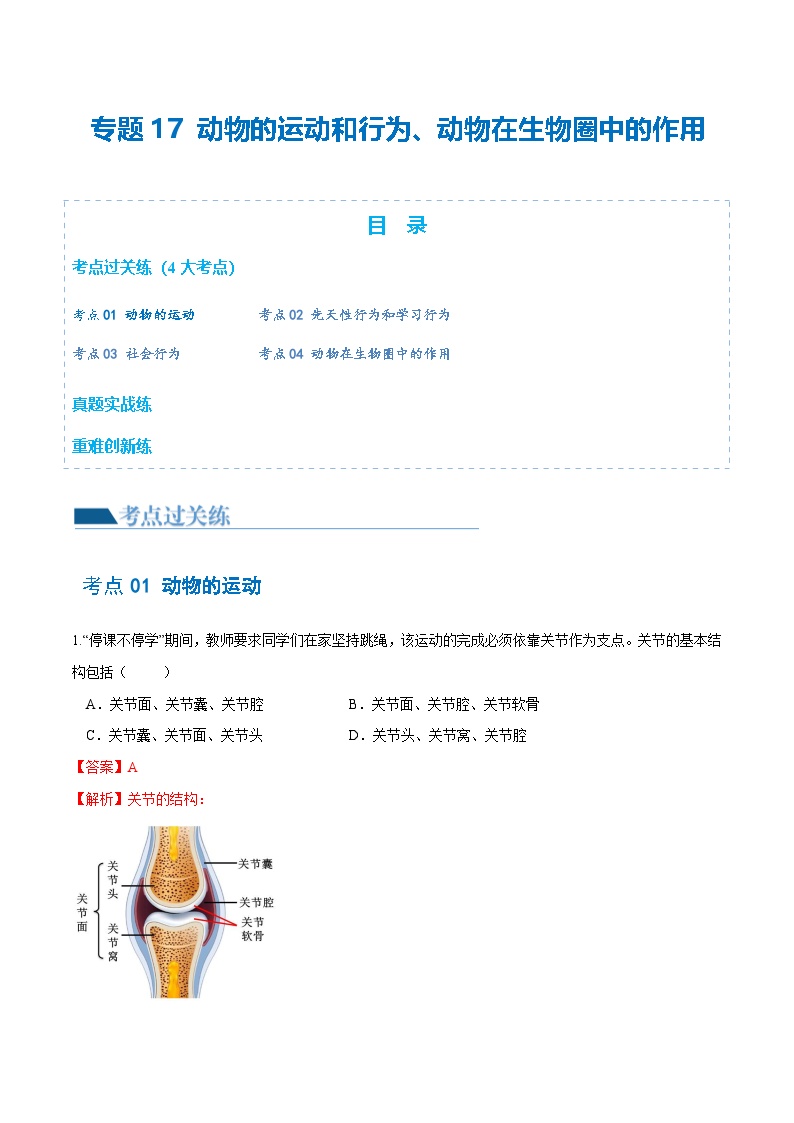 中考生物第一轮复习专题练习专题17 动物的运动和行为、动物在生物圈中的作用（练习）（解析版）