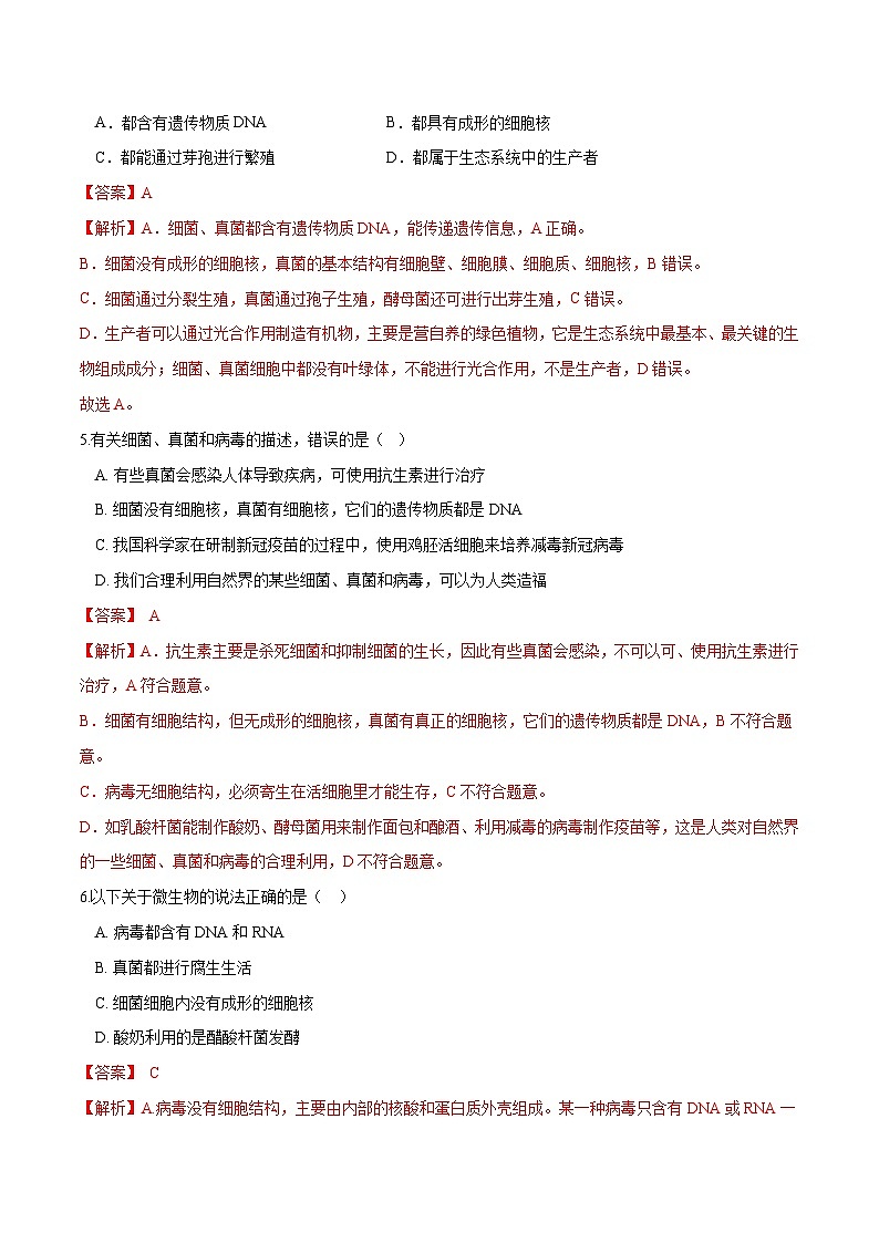 中考生物第一轮复习专题练习专题18 细菌、真菌和病毒(练习)(解析版)第3页