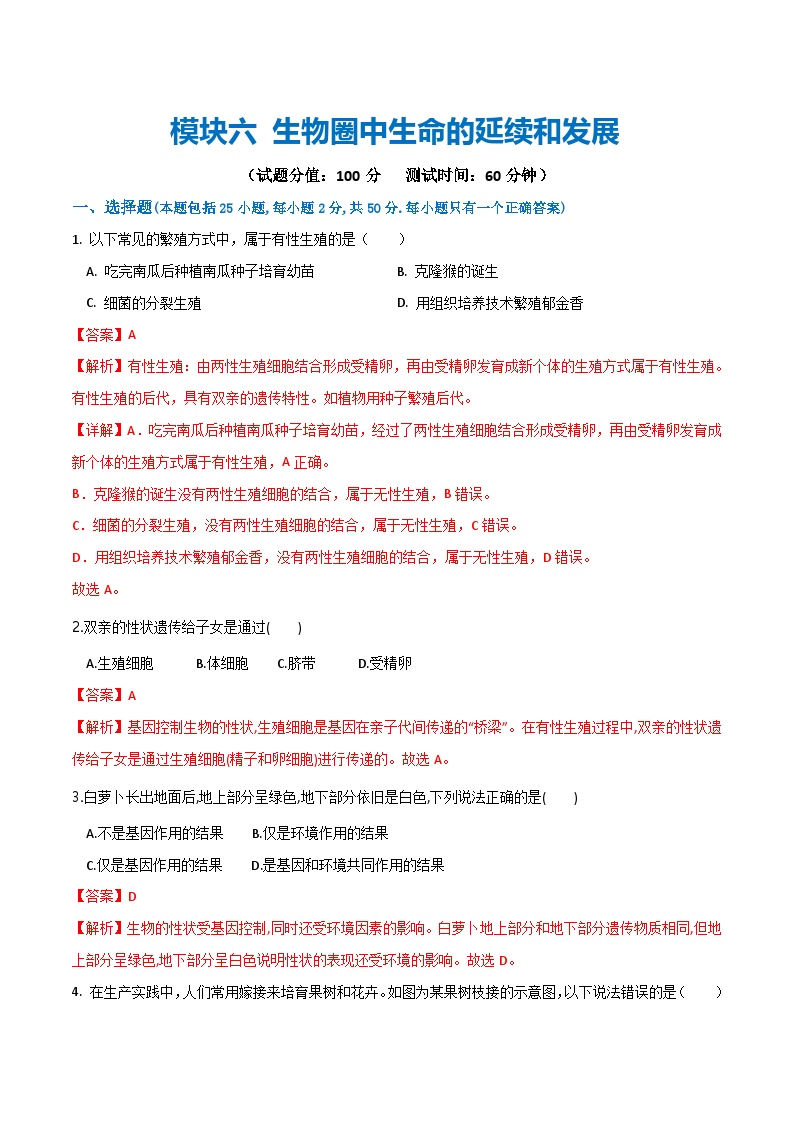 中考生物第一轮复习专题练习模块六 生物圈中生命的延续和发展（测试）（解析版）