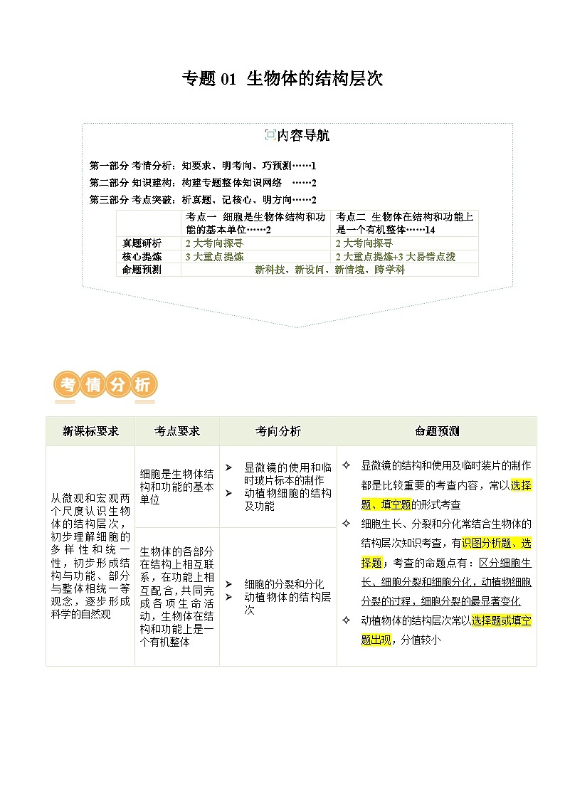 中考生物第二轮复习专题练习专题01 生物体的结构层次(讲练)(解析版)第1页