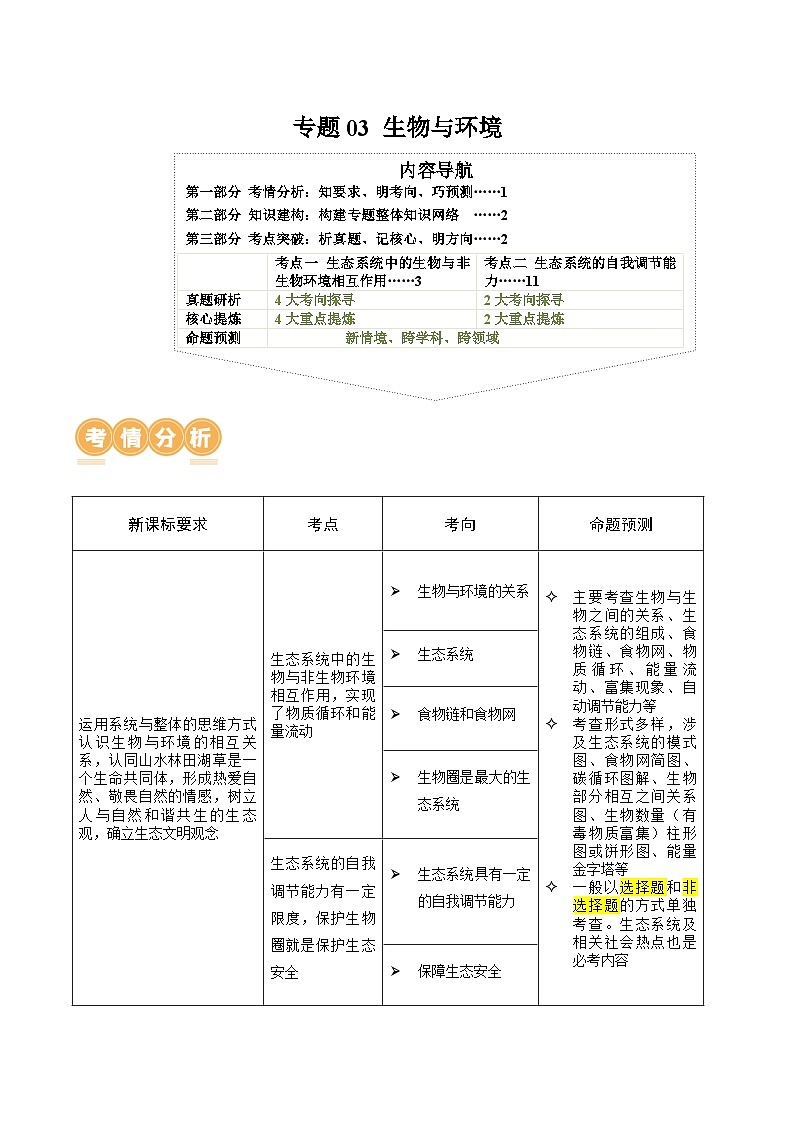 中考生物第二轮复习专题练习专题03 生物与环境(讲练)(原卷版)第1页